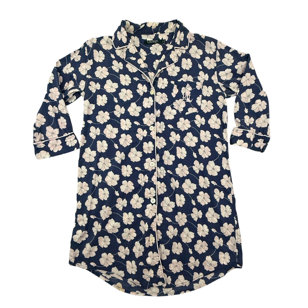 Lauren Ralph Lauren Nightshirt Womens Small Navy Blue Floral Button Front Sleep‎